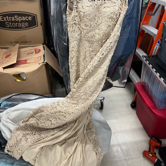 Elegant formal cap sleeve lace column gown by Adrianna Papell. - Picture 3 of 11